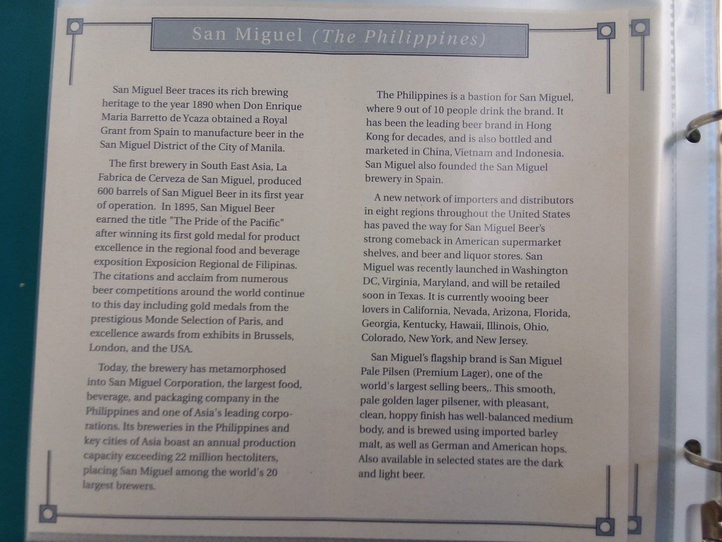 San Miguel Beer glass gold rim with certificate 7.5''