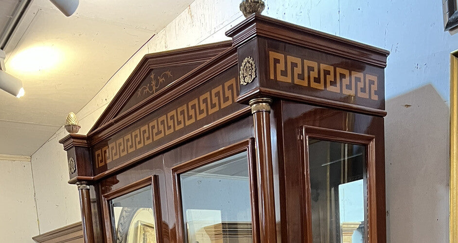 French Empire 2 Door Cabinet w Glass Shelves Inlaid Designs