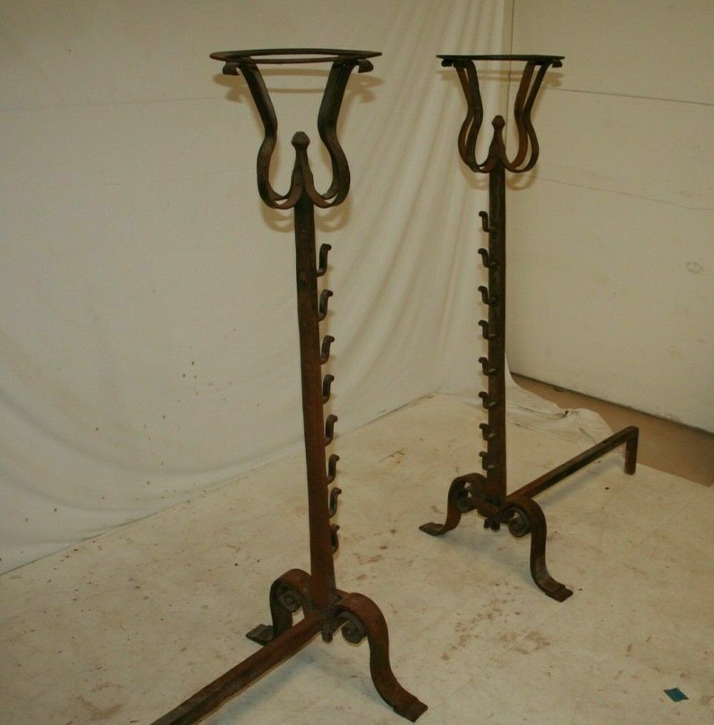 Pair Antique French Forged Iron Basket Top Cressset Andirons Fireplace Spit Dog