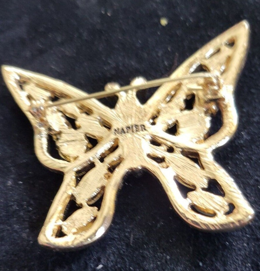 Butterfly Openwork Amythest Peridot Crystals NAPIER Vintage Gold Brooch