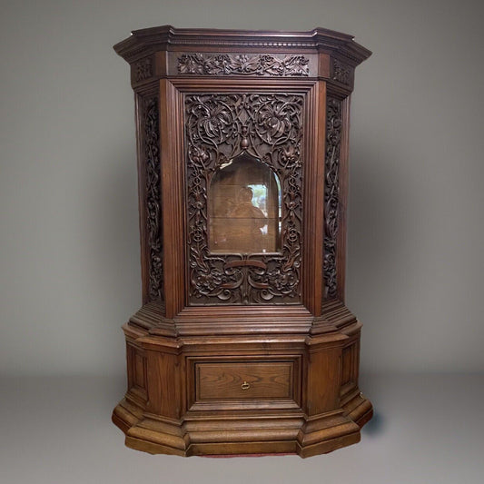 ANTIQUE GUN CABINET BLACK FOREST HEAVILY CARVED OAK DISPLAY 96.5" NBA OWNERS