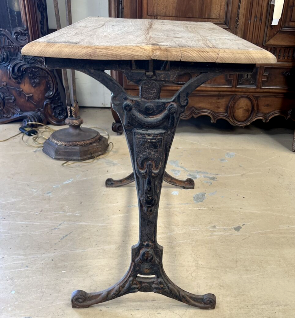 Antique French Art Deco bistro table w/ cast iron base natural white oak top