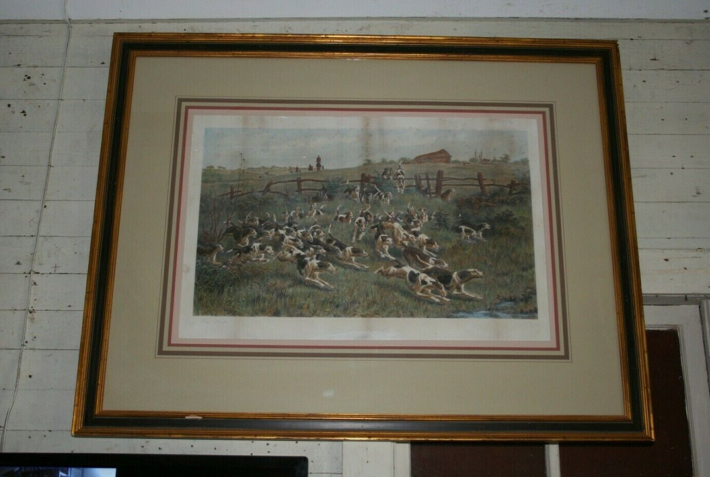Large Framed Fox Hunt Framed Print Lithograph Engraving by Pratt 1887 Wood Frame