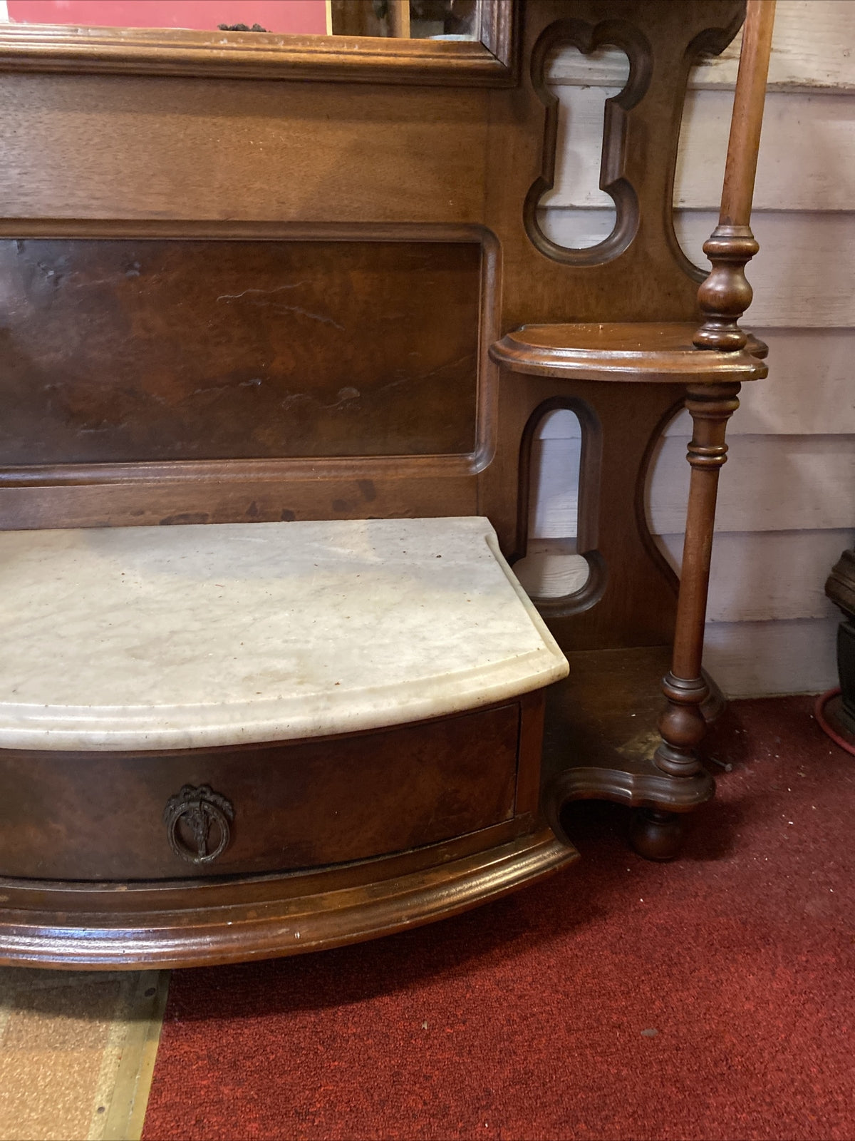 101" Tall Antique American Victorian Walnut Hall Tree Etagere w Mirror & Marble