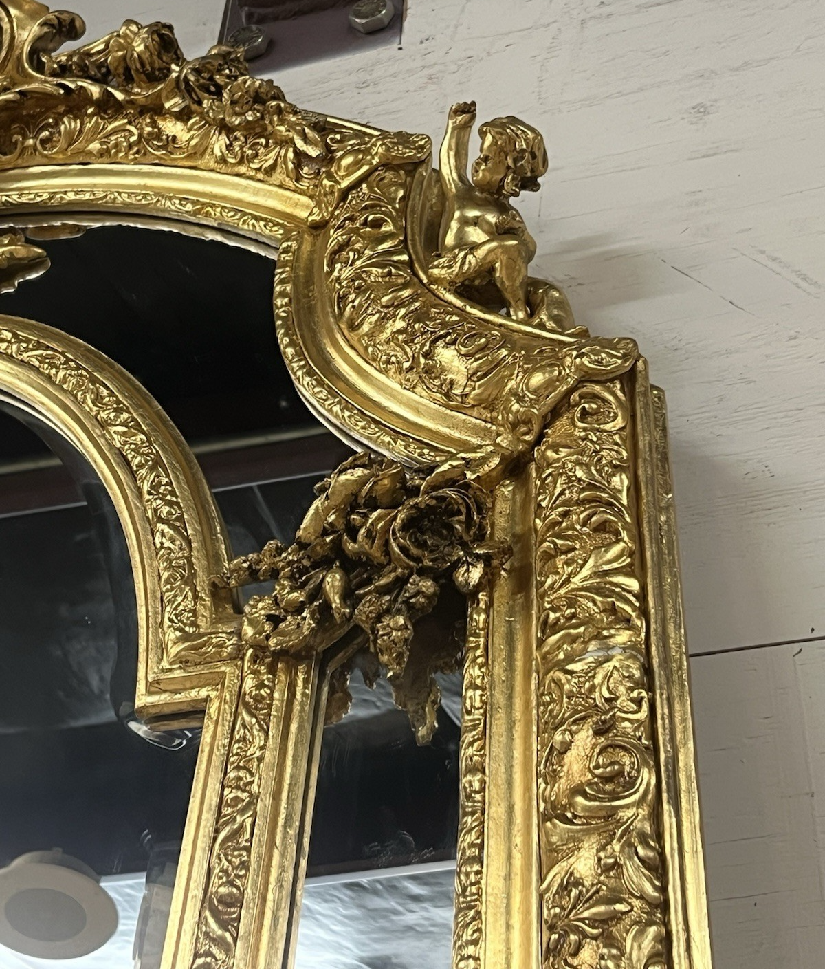 80.5" PAIR OF LARGE LOUIS XV GILT GOLD PARCLOSE CUSHION MIRRORS