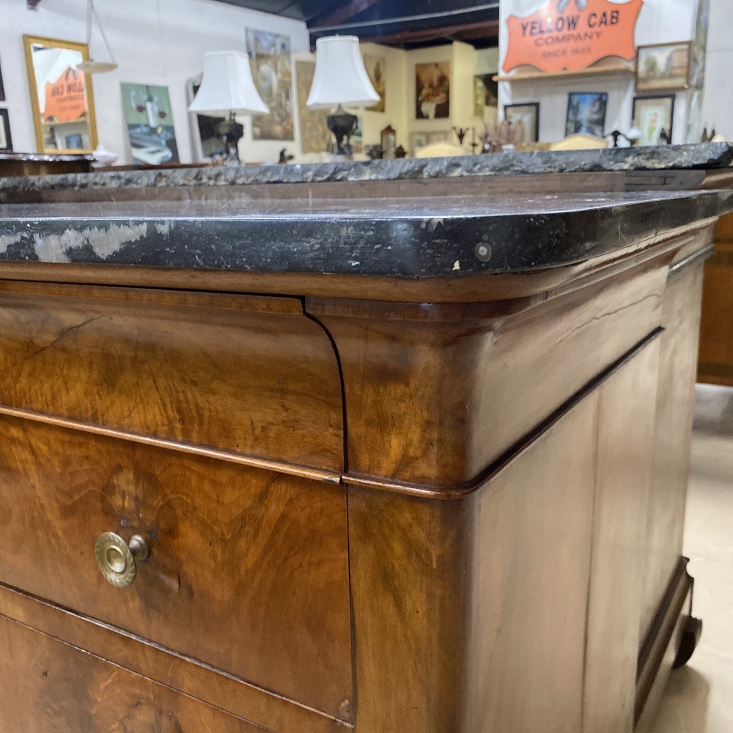 ANTIQUE FRENCH LOUIS PHILIPPE MARBLE-TOP FLAME BURLED MAHOGANY COMMODE CHEST