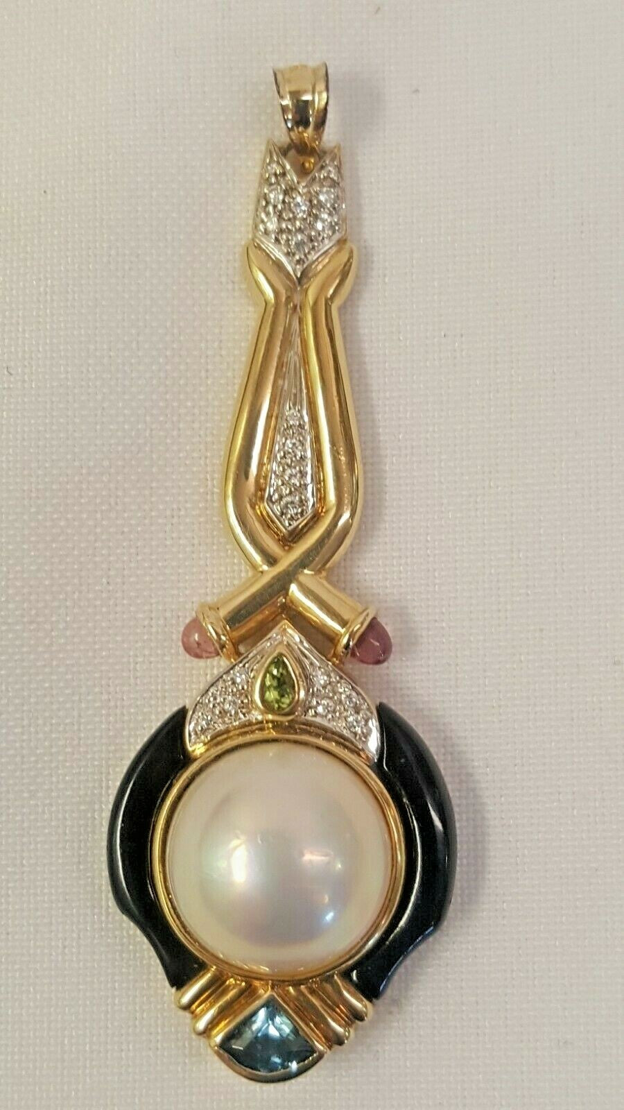 14k Mabe Pearl & Black Onyx Pendant w Amethyst Peridot Aquamarine Diamonds 14.7g