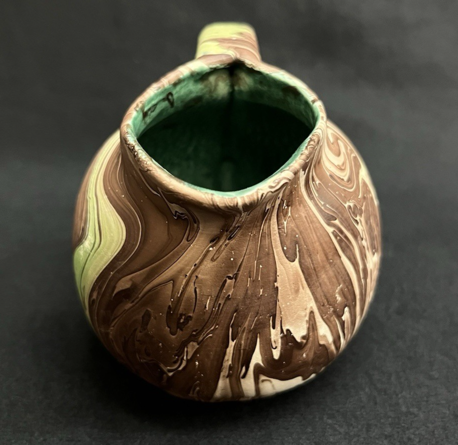 Vintage Nemadji Dessert Pottery Brown and Green Swirl Creamer Glazed Interior