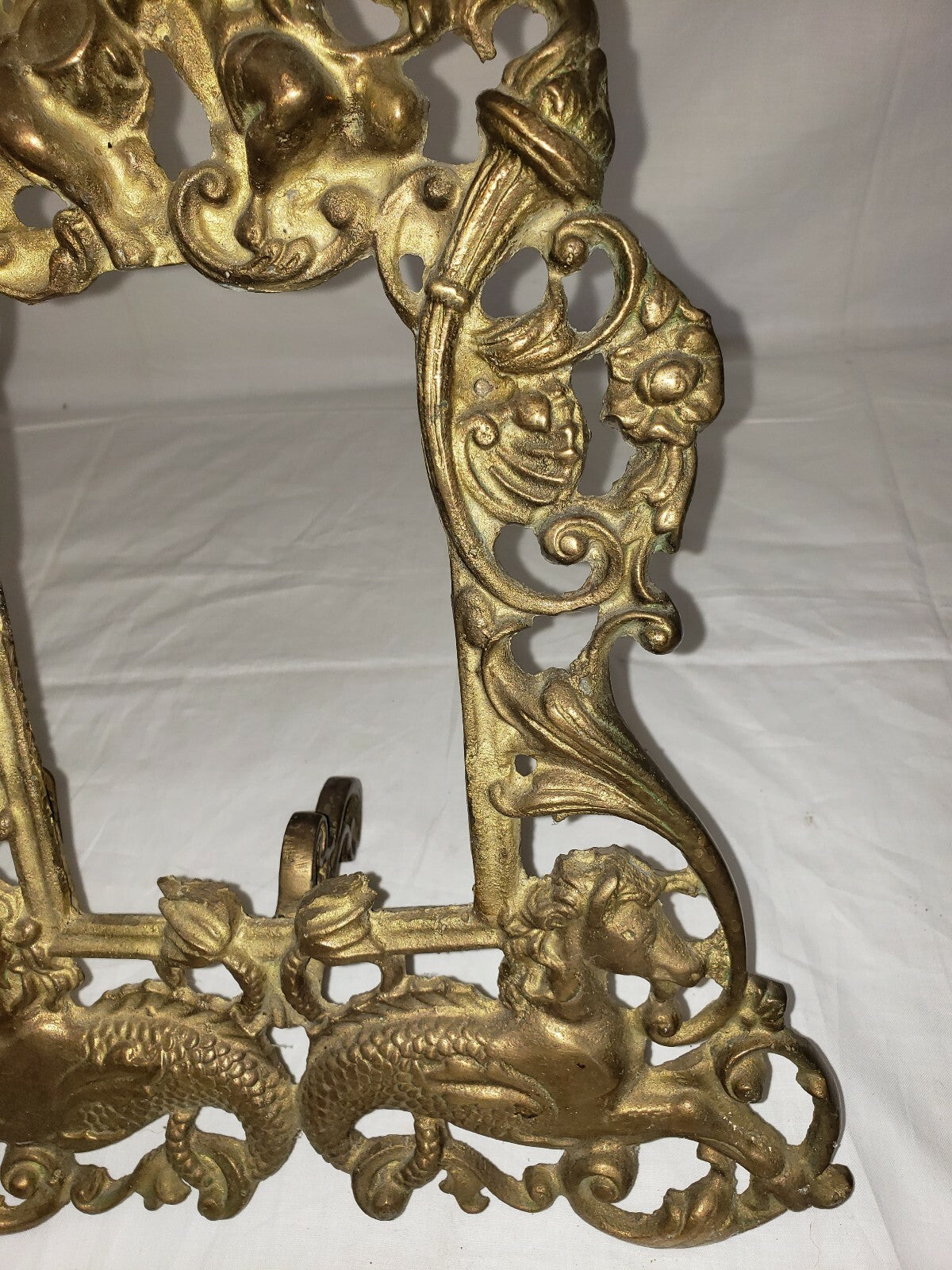 Antique Gilt Cast Iron Picture Frame  Cherubs Sea Horses Tabletop w Leg H 13"