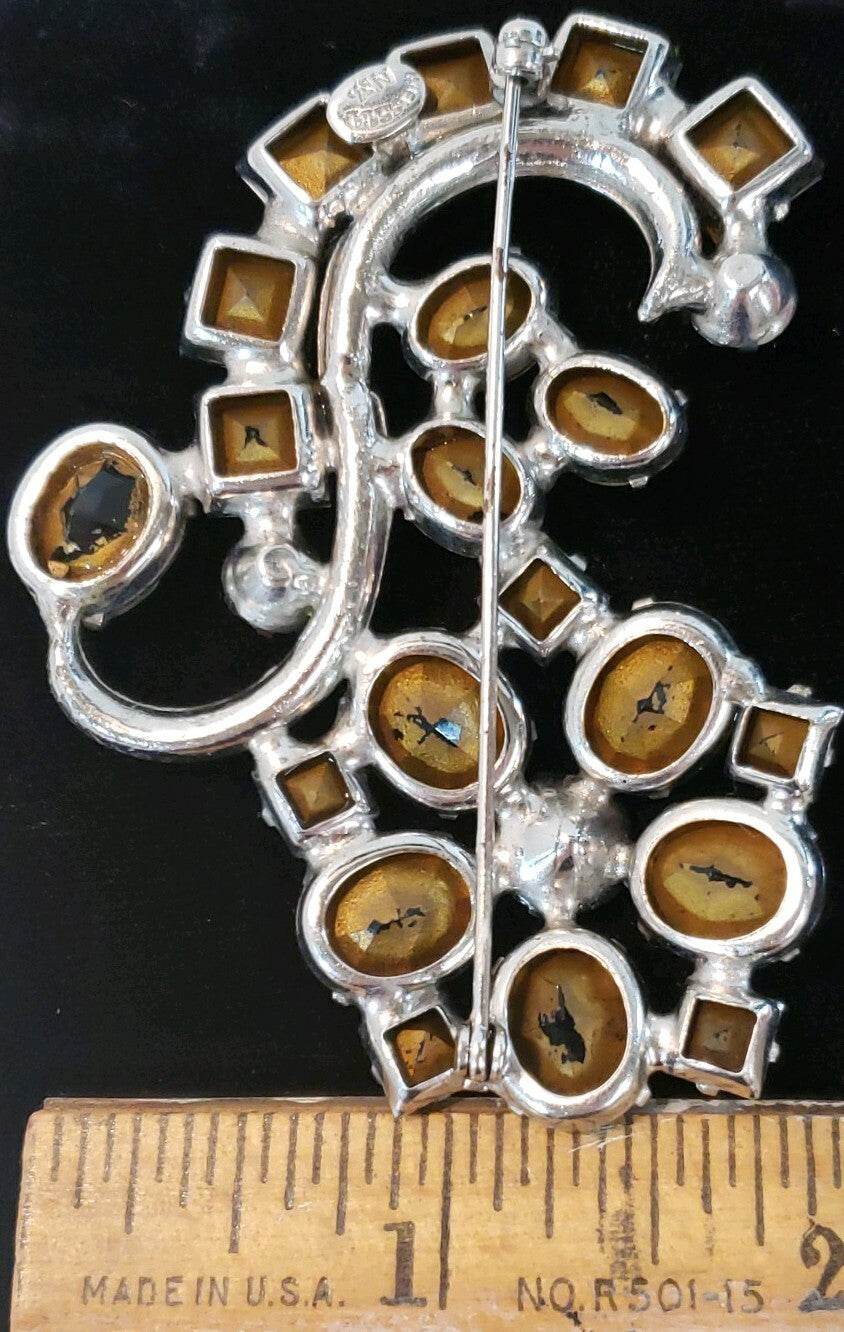 Vintage Signed Weiss Smoky Gray & Crystal Rhinestone Brooch Prong Set