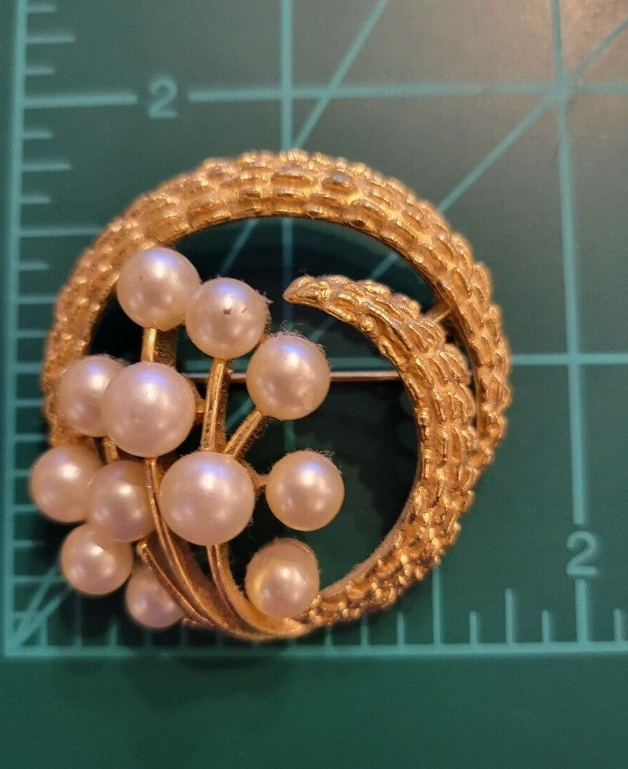 vintage signed  Crown Trifari Brooch. Gold Tone Metal, Faux Pearls 1 3/4" 1950"s