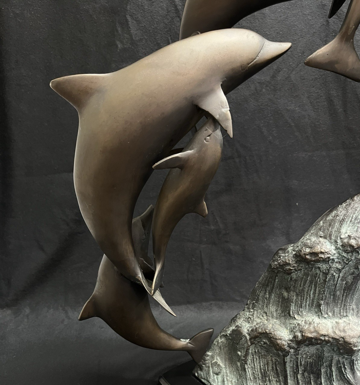 PB6 Bronze School of Dolphins Ocean Scene Statue w/ Wood Base 19"x 23"