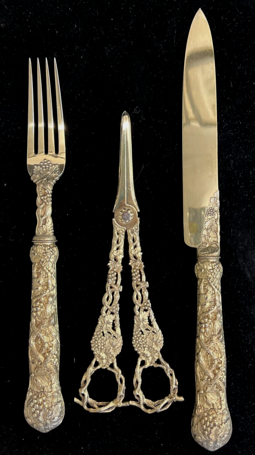 Ornate Gilt 3 Piece Dessert Set F Higgins Sterling Silver London 1896