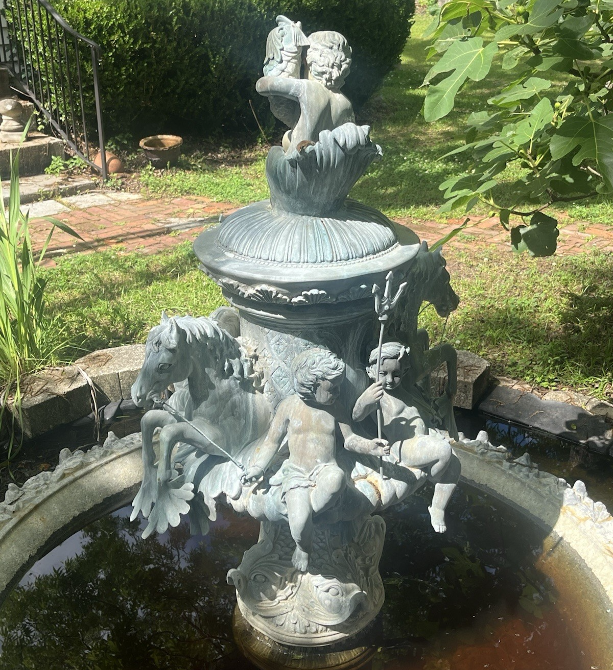 Antique Bronze Ornate Cupids and Horses Water Fountain 57" x 32" NO BASIN PB21