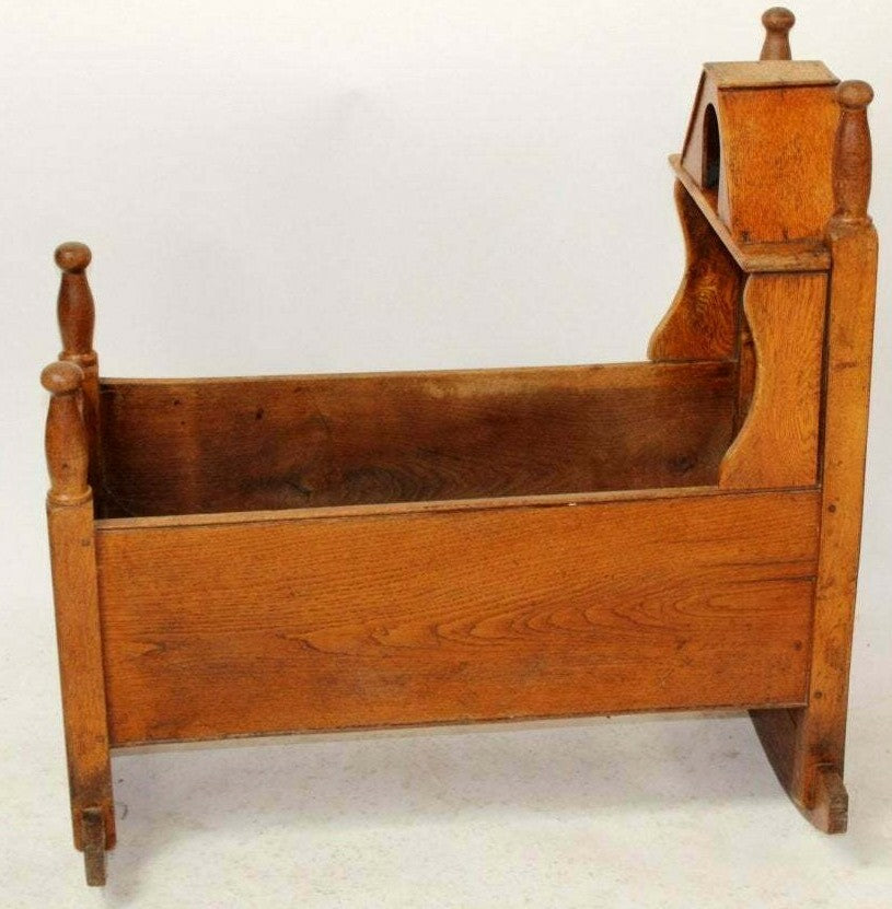 Antique American Oak Child’s Covered Rocking Cradle Bassinet