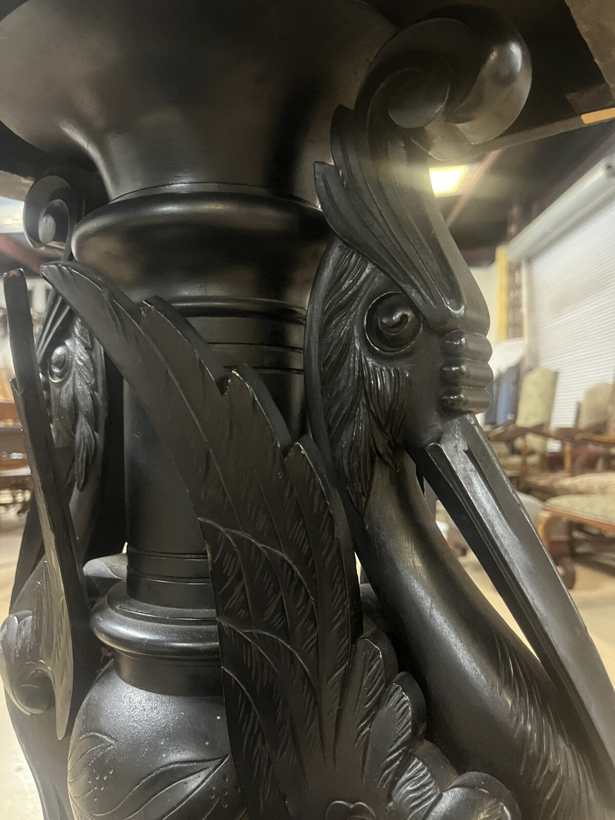 Antique Ebonized Black Wood Pedestal Plant Stand 2 Cranes FS16