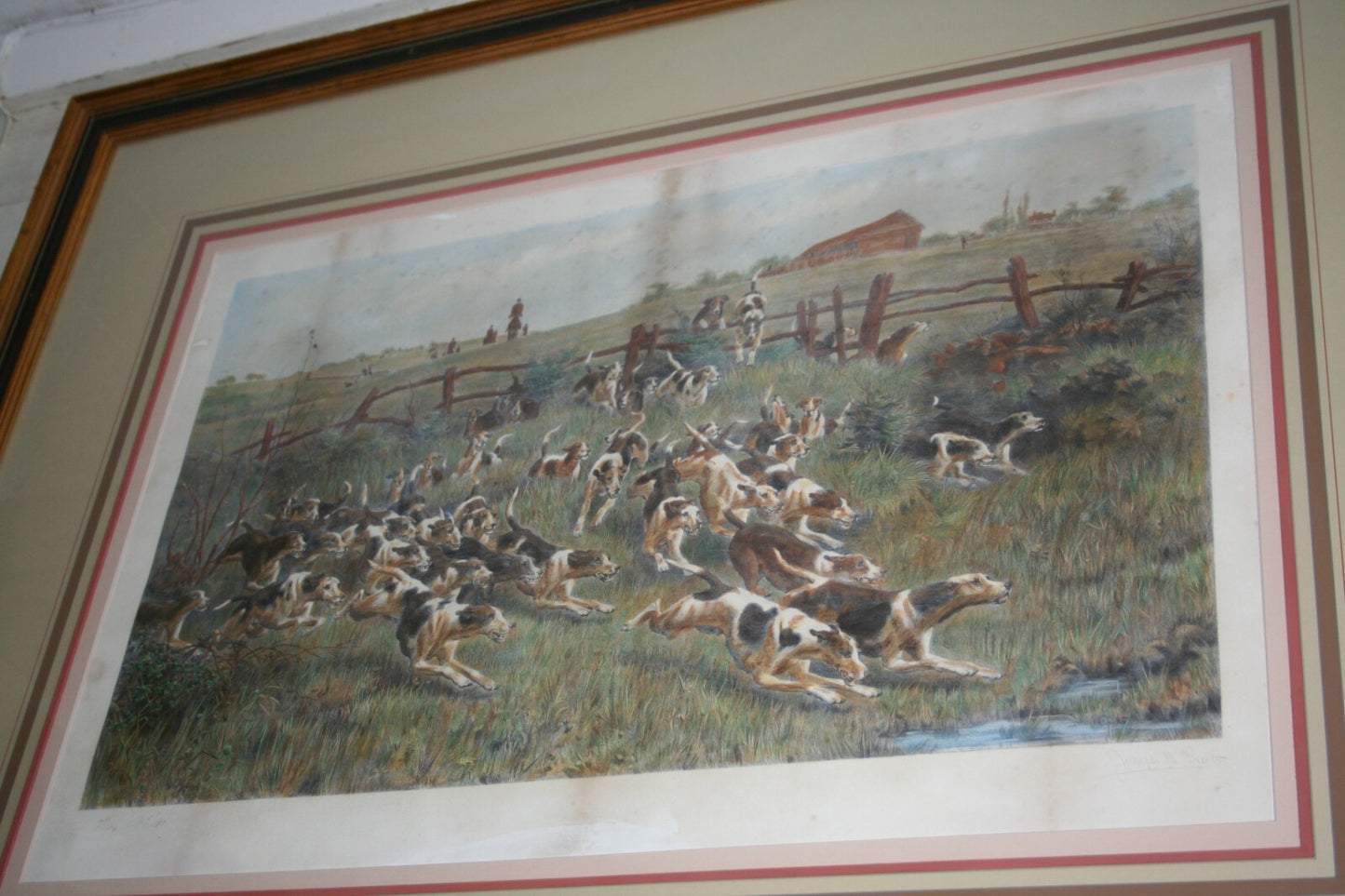 Large Framed Fox Hunt Framed Print Lithograph Engraving by Pratt 1887 Wood Frame