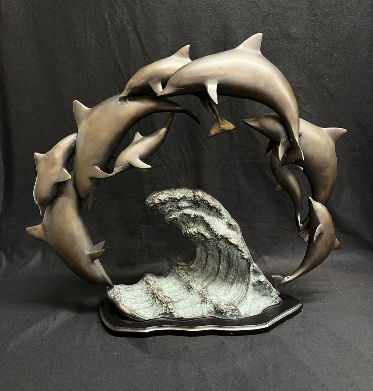 PB6 Bronze School of Dolphins Ocean Scene Statue w/ Wood Base 19"x 23"