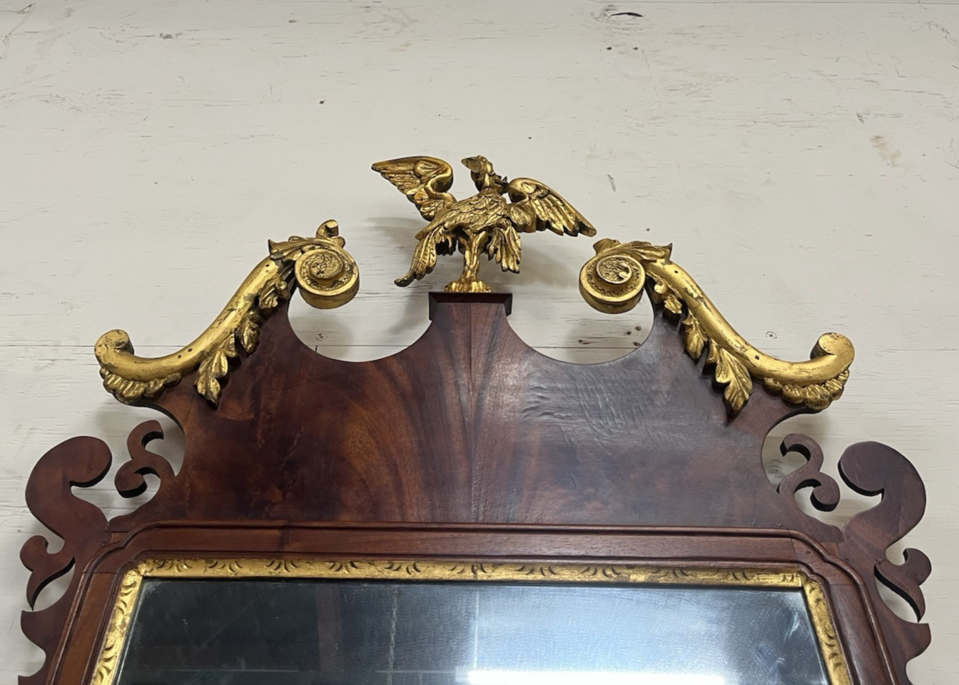 Antique English Chippendale Mahogany Parcel Gilt Mirror w/ Phoenix Bird CL1