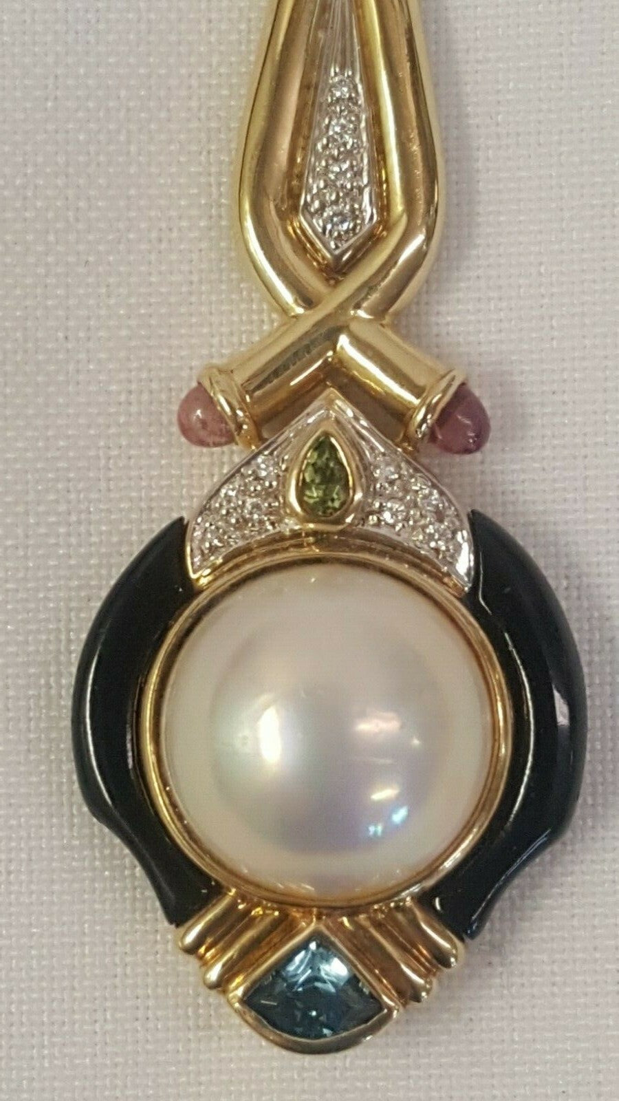 14k Mabe Pearl & Black Onyx Pendant w Amethyst Peridot Aquamarine Diamonds 14.7g