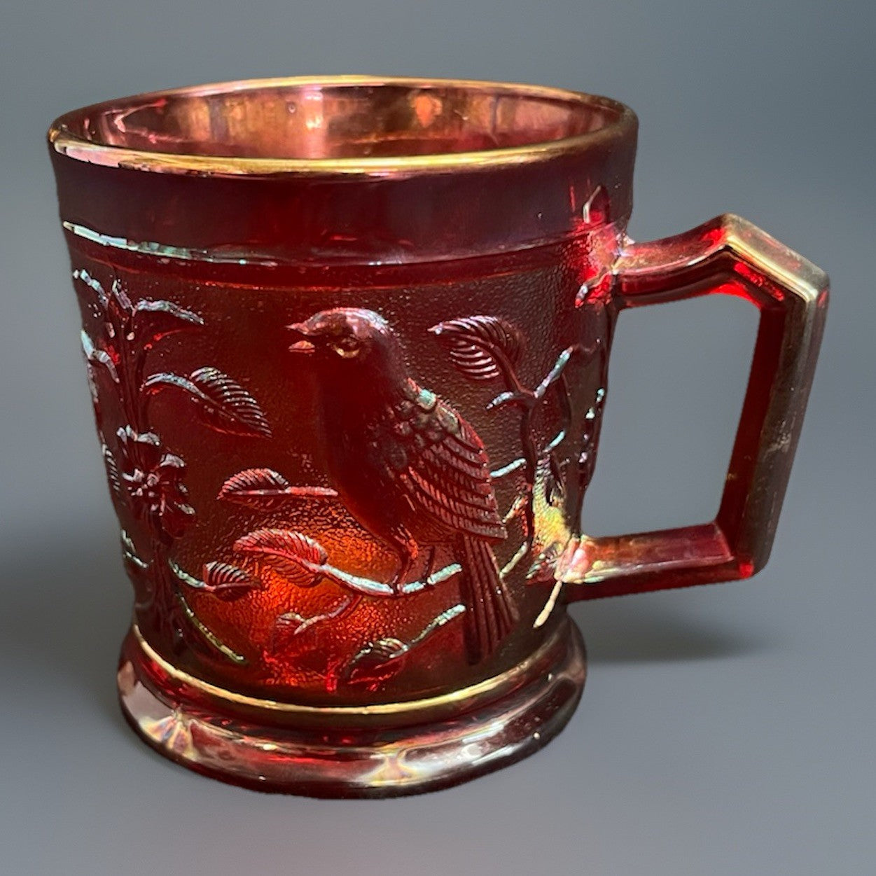 Vintage 1960s Imperial Glass OH Red Carnival Robin on Branch Mug 3.5"