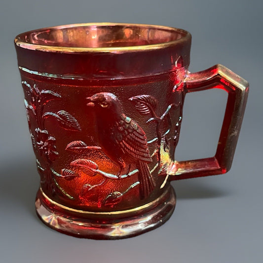 Vintage 1960s Imperial Glass OH Red Carnival Robin on Branch Mug 3.5"