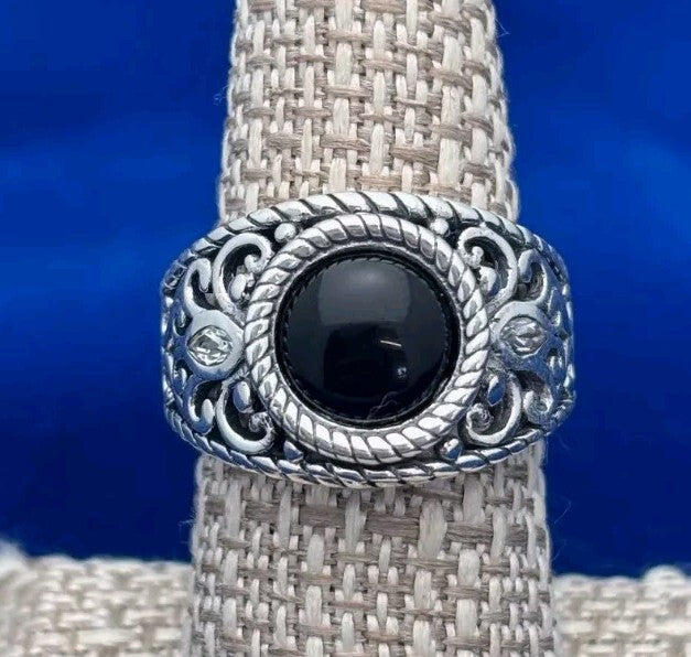 Sterling Silver 925 Black Onyx Geometric Pattern Ring Sz 8 8.2g     Thailand
