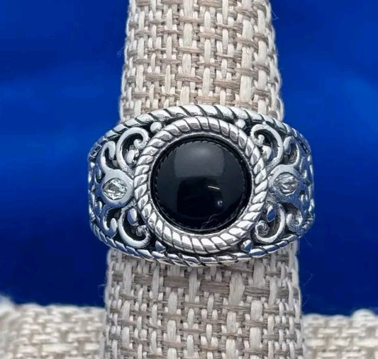 Sterling Silver 925 Black Onyx Geometric Pattern Ring Sz 8 8.2g     Thailand