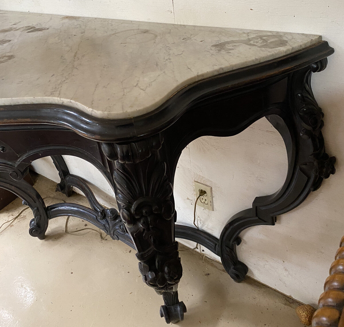 Antique French Louis XV Ebonized Bowfront Console Table w/ White Marble Top