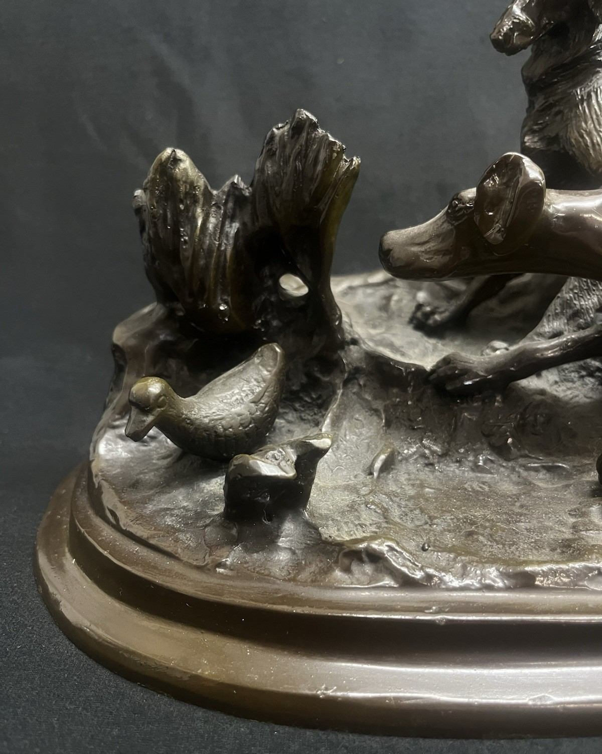 Signed Pierre-Jules PJ Mêne Bronze Hunting Hounds Dogs Duck Sculpture 16" PB10