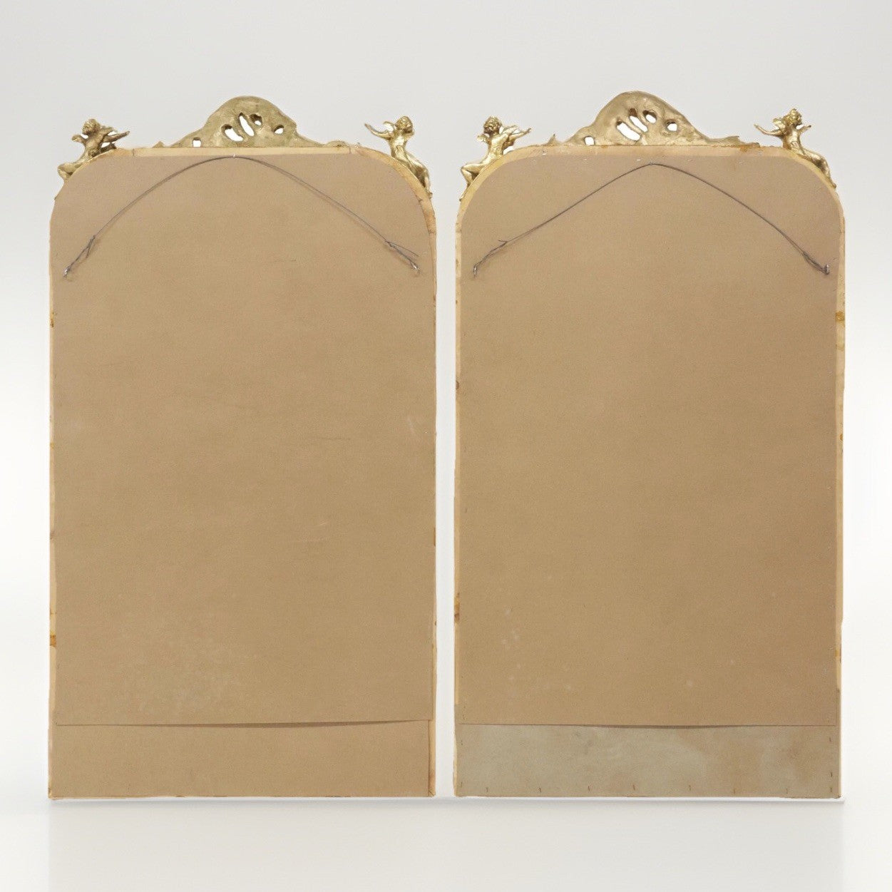 PAIR OF LARGE LOUIS XV STYLE GILT GOLD PUTTI ANGEL WALL MIRRORS, 61.5"H