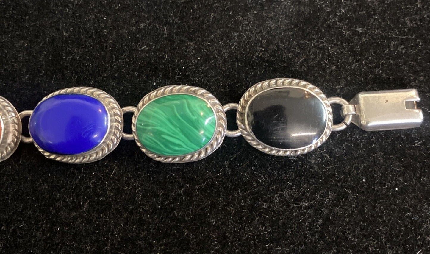 Mexican Sterling 7 Oval Links Gemstone Bracelet 7.5"  turqouise, coral 44.8g