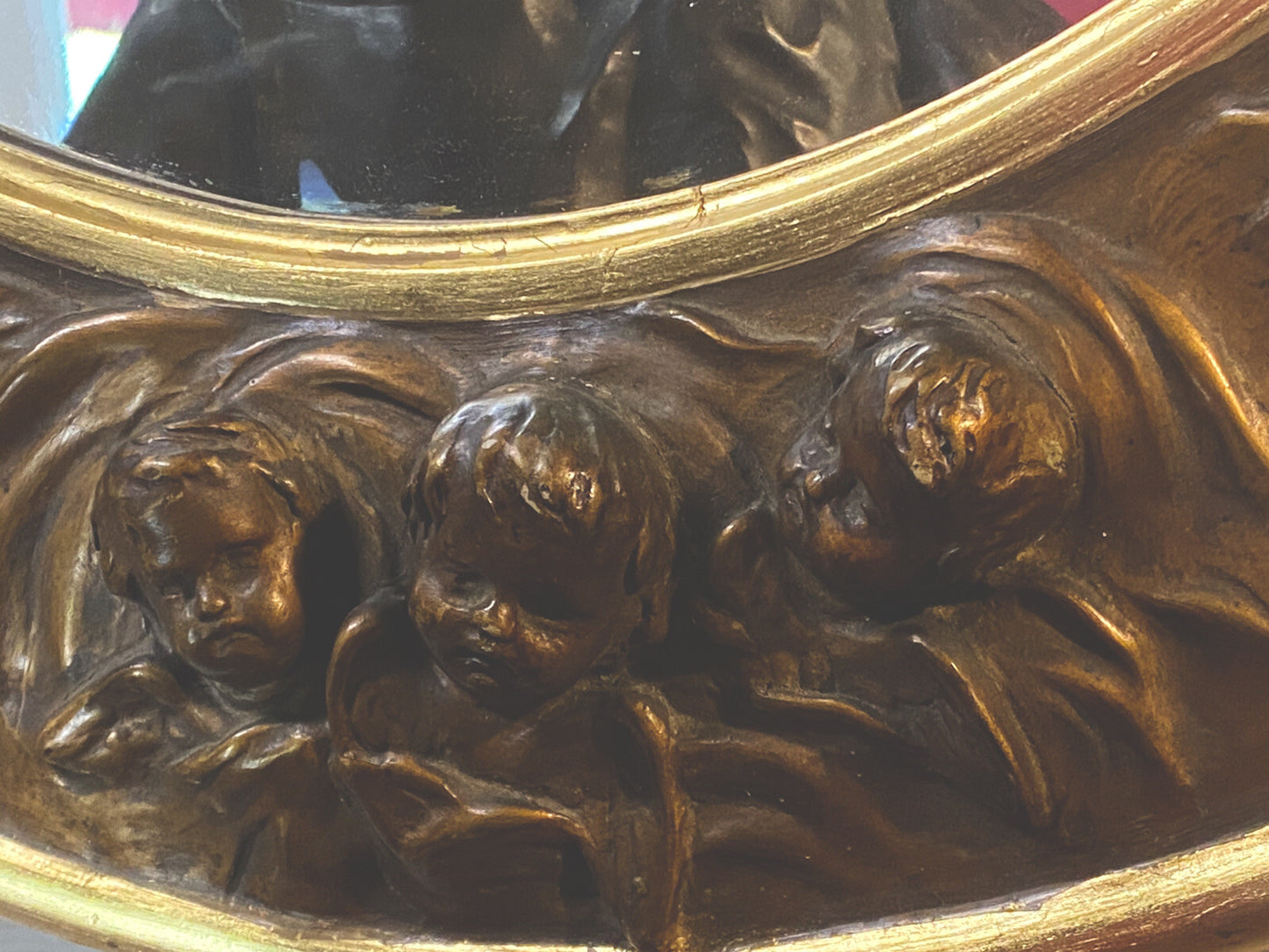Antique Victorian Gold Oval Mirror w/ Cherub Faces and Wings