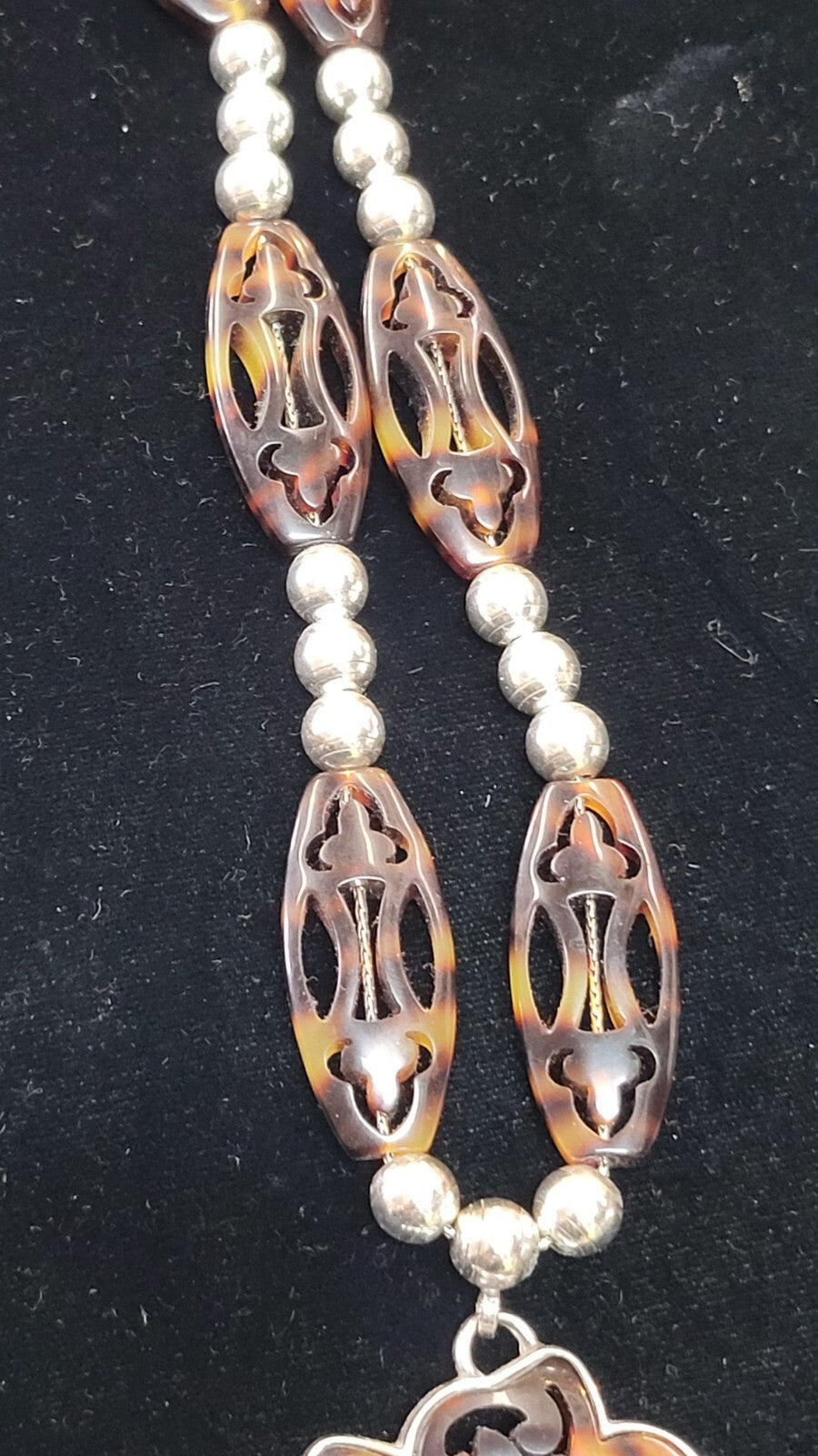 BRIGHTON Faux Tortoise & Silver Tone Beads Necklace Flower Pendant