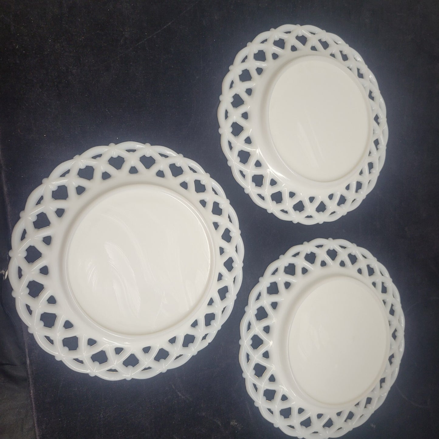 Westmoreland Milk Glass Lace  Edge 8 1/4" Set of 3 Plates Forget Me Not Flowers