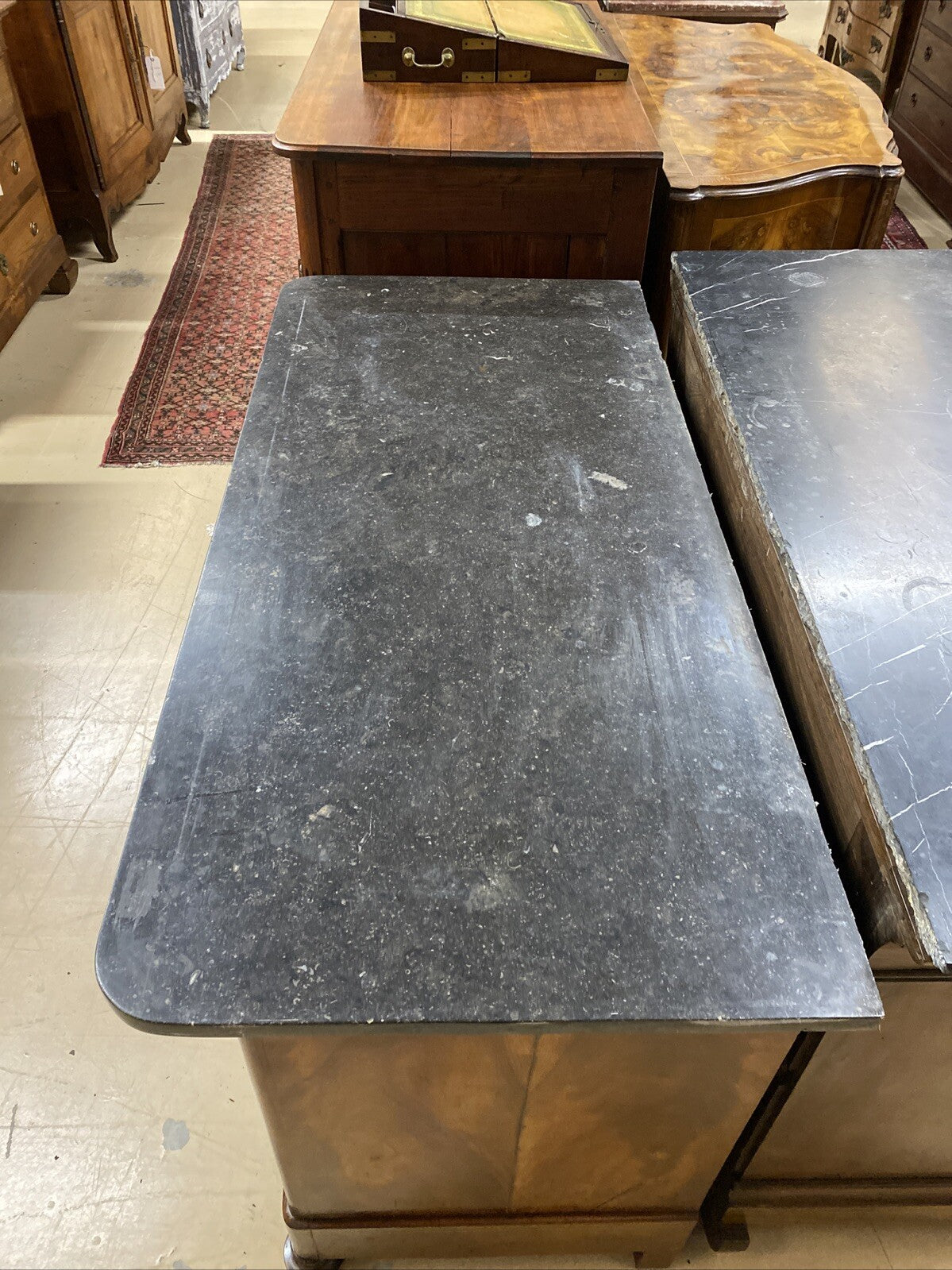 ANTIQUE FRENCH LOUIS PHILIPPE MARBLE-TOP FLAME BURLED MAHOGANY COMMODE CHEST