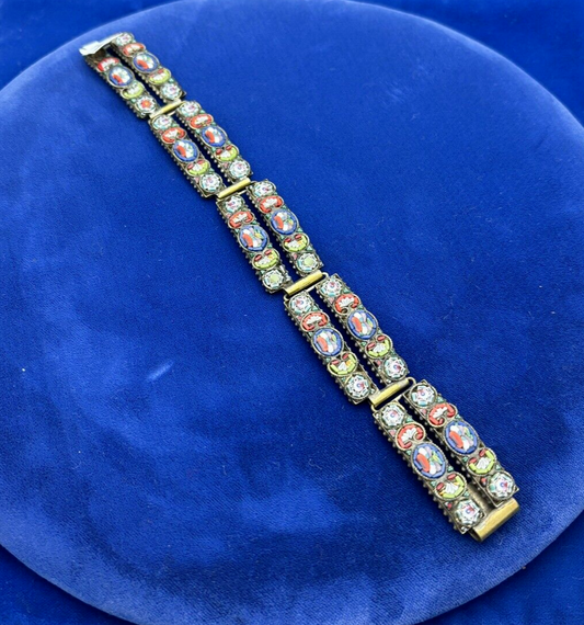 Vintage Old Italian Micro Mosaic Colorful Floral Glass 5-Panel 7.5” Bracelet