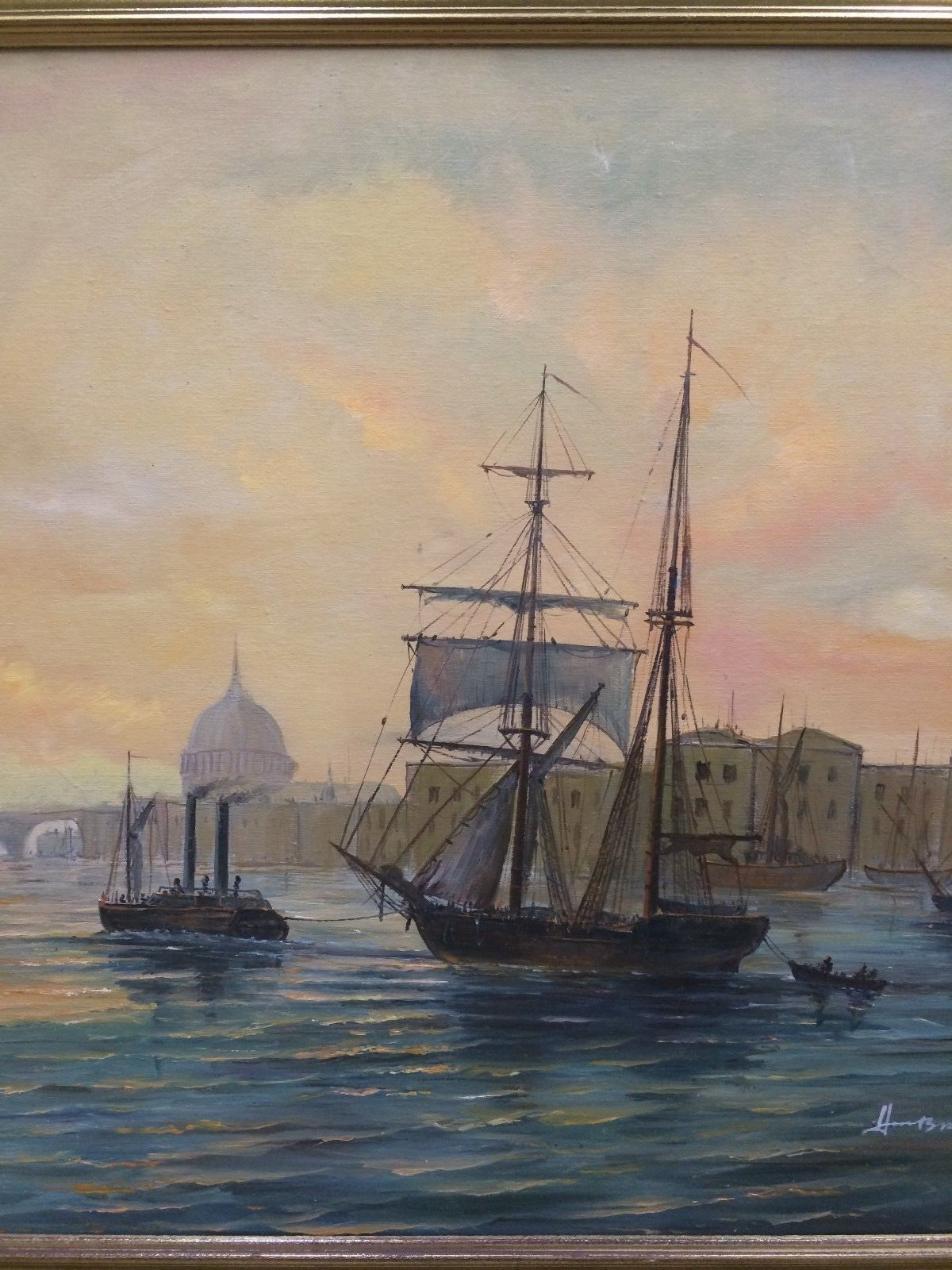 Vtg Oil Painting on Canvas Boats Ships in Harbor Signed Continental  W27" x  23"