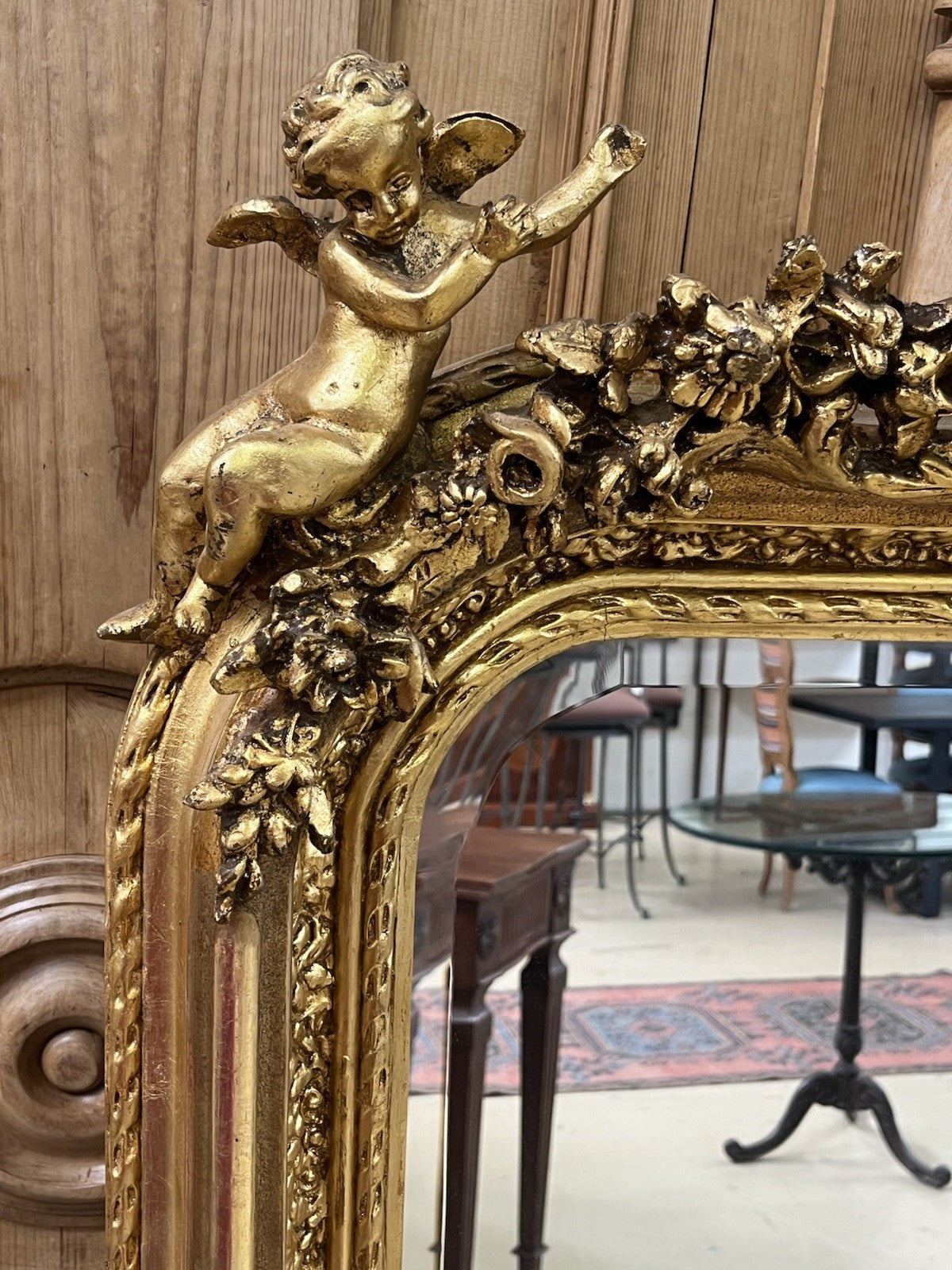 PAIR OF LARGE LOUIS XV STYLE GILT GOLD PUTTI ANGEL WALL MIRRORS, 61.5"H