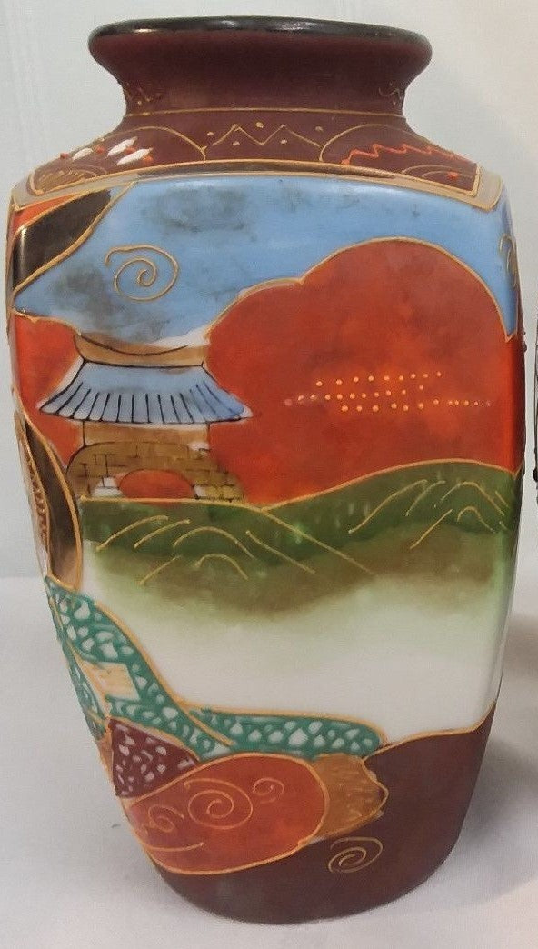 Pair Japanese Moriage Vases Man & Woman Colorful Dragonware  H6" Immortals