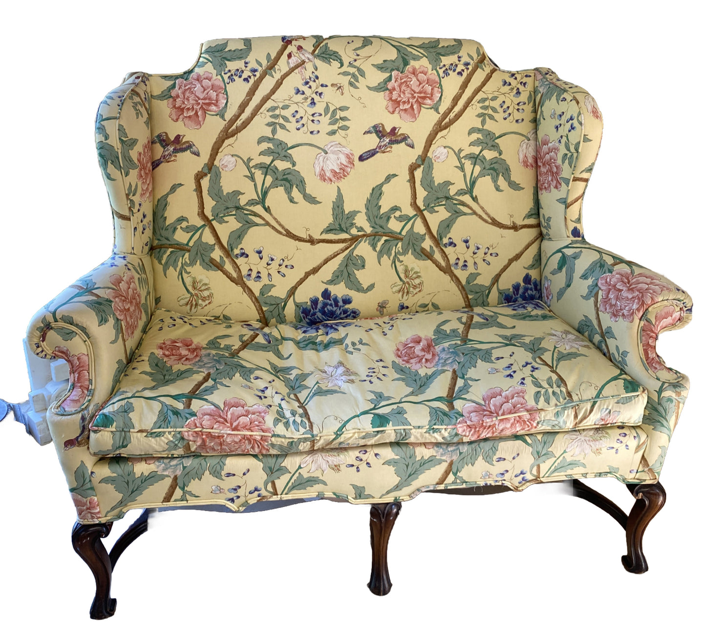 Antique Yellow Floral Queen Anne Mahogany Sofa Couch Settee Loveseat