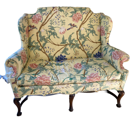Antique Yellow Floral Queen Anne Mahogany Sofa Couch Settee Loveseat