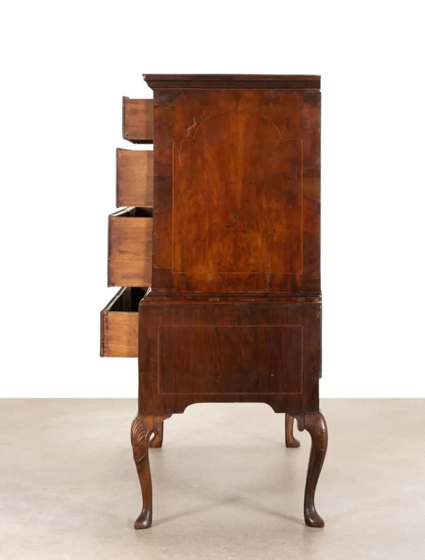 ANTIQUE ENLISH QUEEN ANNE SEAWEED MARQUETRY MAHOGANY CHEST ON STAND