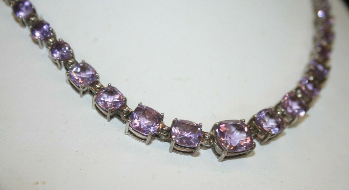 Natural Amethyst purple graduated cut Sterling Silver 18" Necklace Thailand 44g