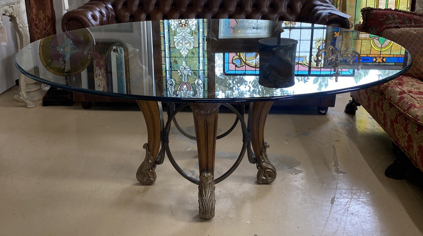 68" Round LARGE CONTEMPORARY GLASS-TOP Dining TABLE 4wood Carved & Iron Supports