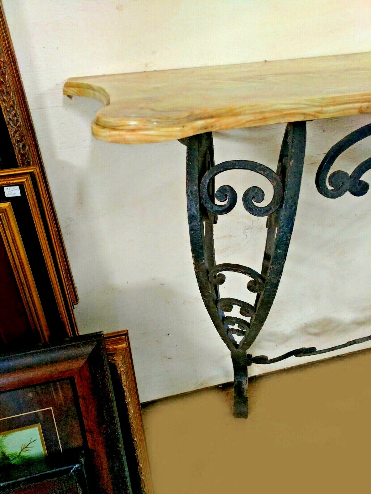 Antique French Rococo Style Scrolled Iron Console W61" Marble Onyx Attaches Wall