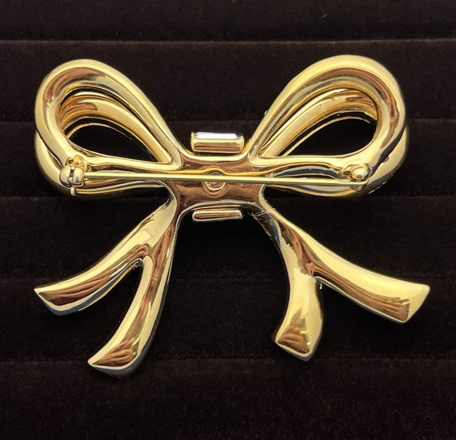 Swarovski Swan Signed Gold Tone Crystal Double Ribbon Bow Brooch Pin 1980s