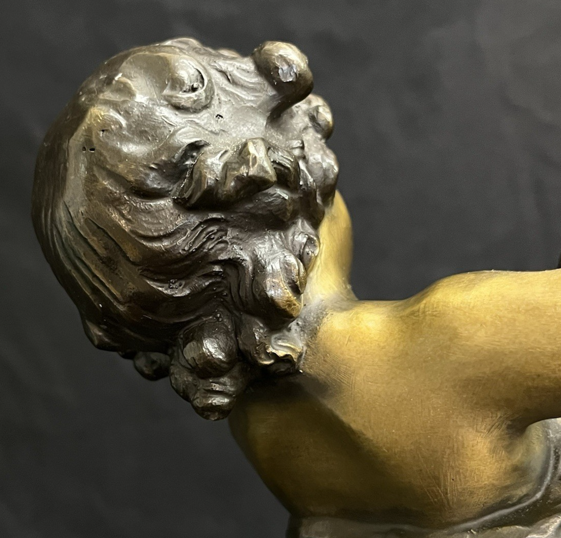 Vintage Auguste Moreau Bronze Sculpture on Marble Base Child w/ Goose Copr. 1906