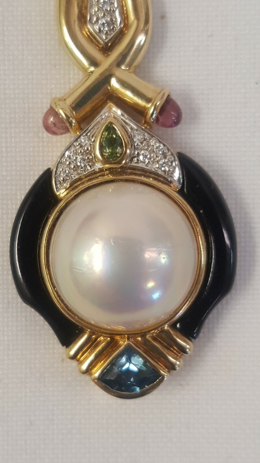 14k Mabe Pearl & Black Onyx Pendant w Amethyst Peridot Aquamarine Diamonds 14.7g