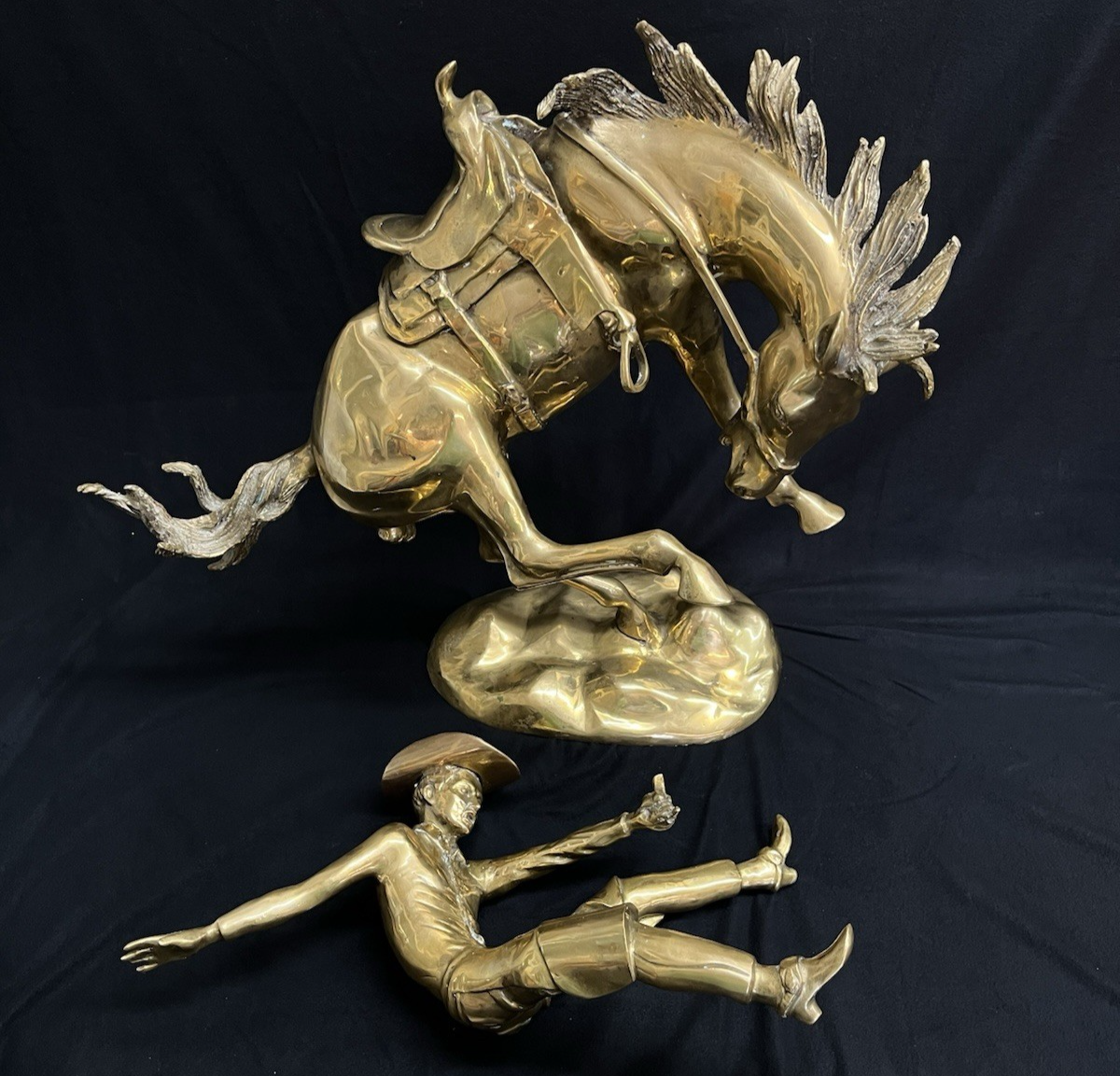 Polished Brass Wild Bucking Bronco w/ Removable Cowboy Rider Sculpture 21"